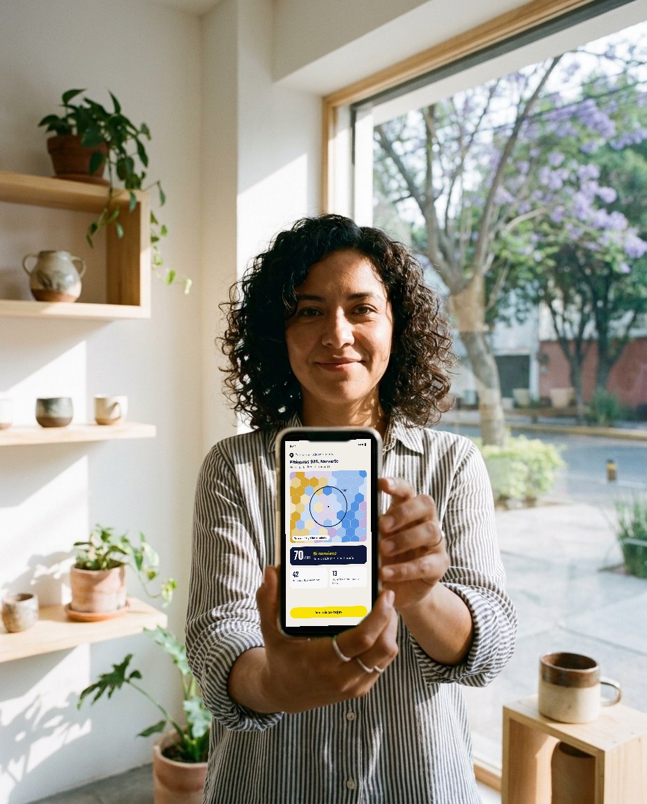 Dueña sonriente en su local enseñando en su celular el adelanto con el veredicto «Sí conviene»