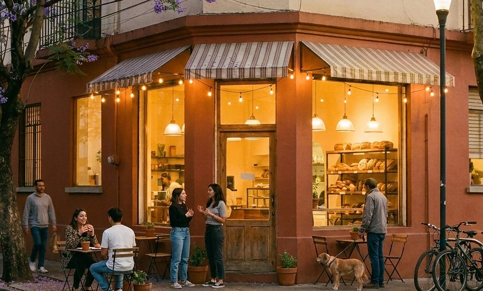 Panadería de esquina en la Roma al anochecer, con la vitrina encendida y vecinos en la banqueta