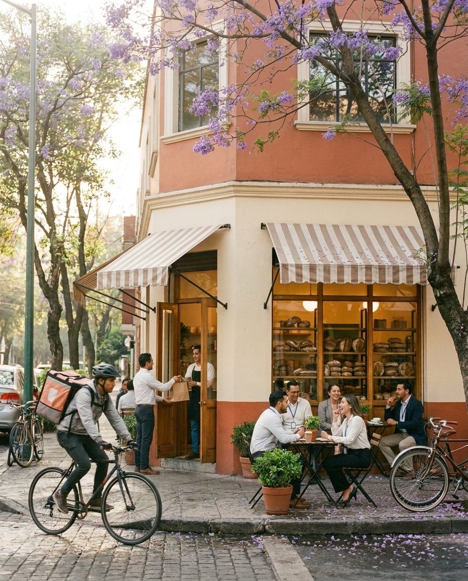 La misma panadería a las 2 de la tarde: mesas llenas de gente que trabaja cerca