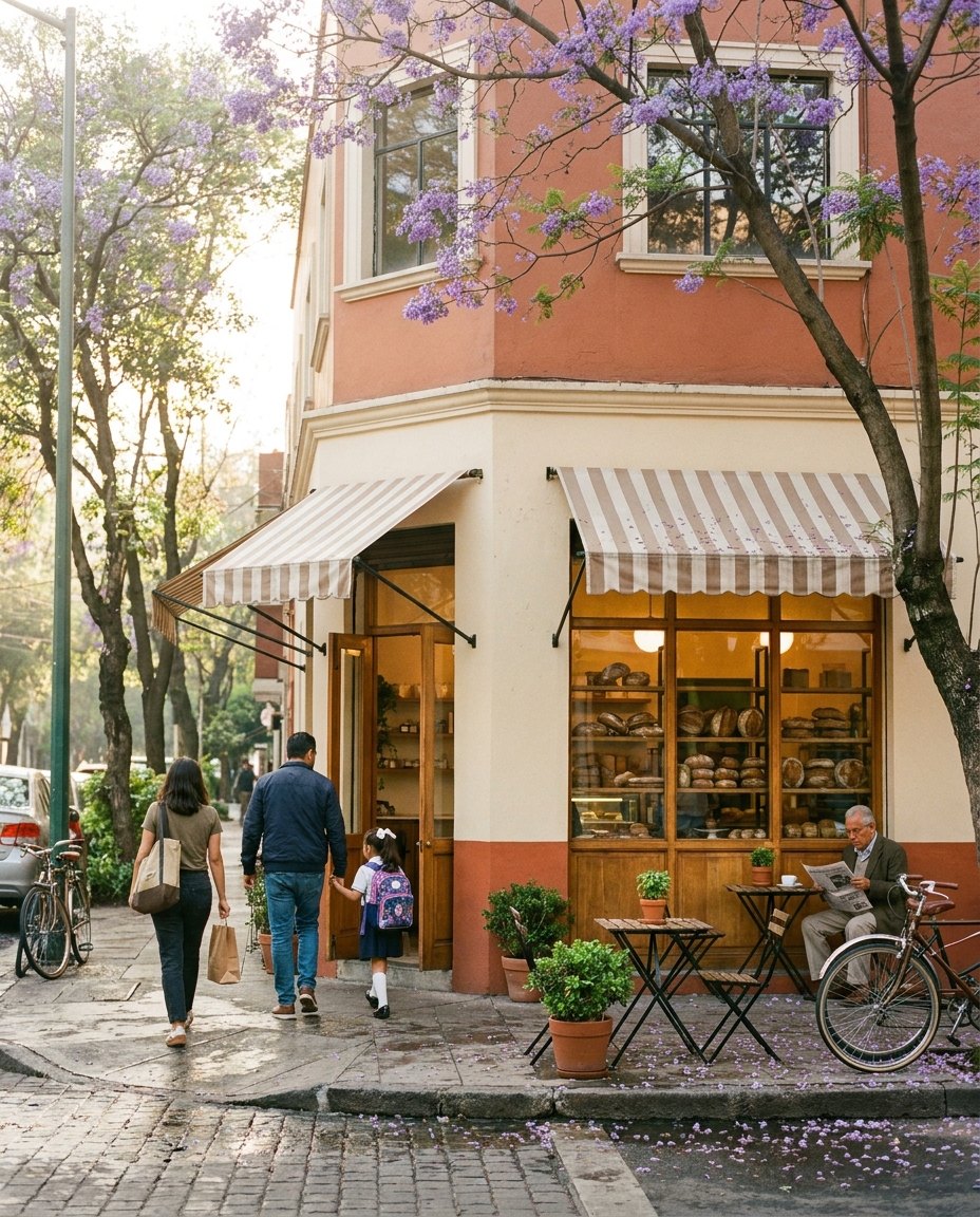 Panadería de esquina en la Roma a las 8 de la mañana: vecinos con su pan y una niña con mochila