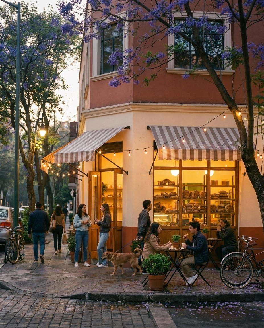 La misma panadería a las 7 de la noche, con la vitrina iluminada y gente de paso