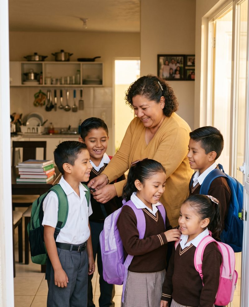 Mamá despidiendo a sus hijos con uniforme antes de la escuela
