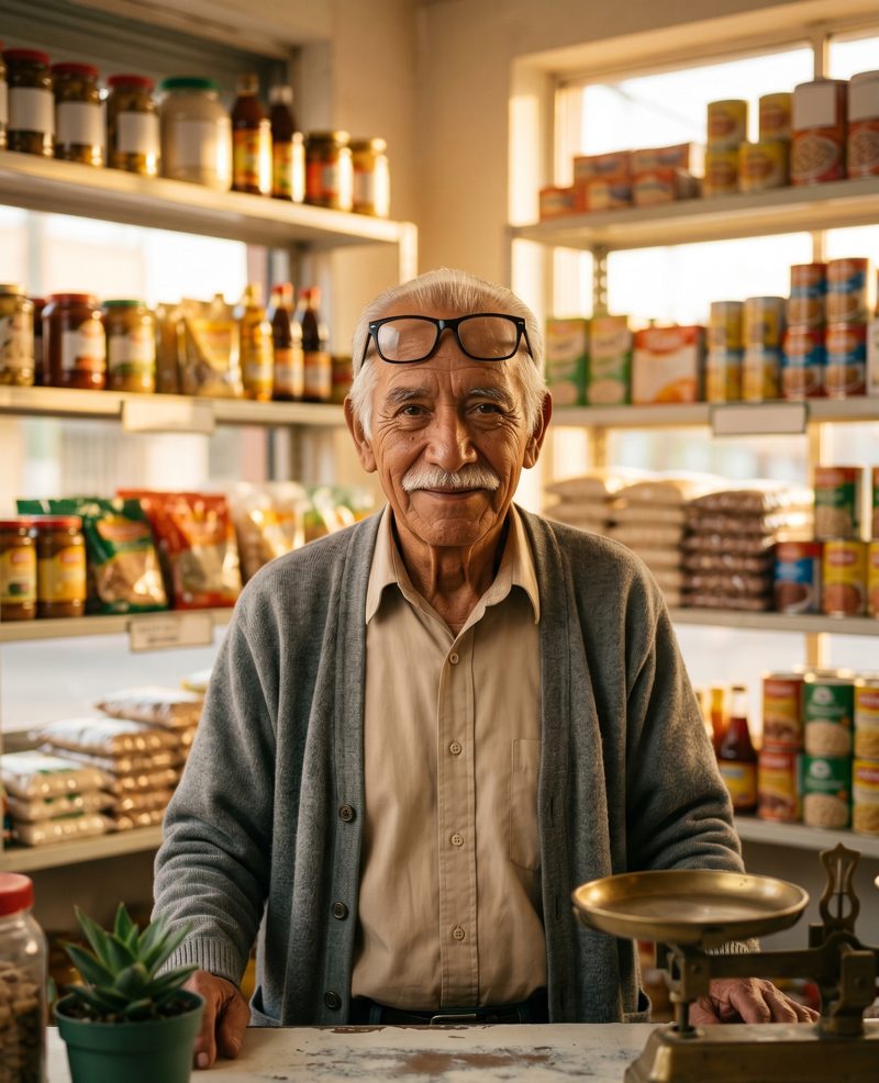 Señor mayor detrás del mostrador de su tienda de abarrotes
