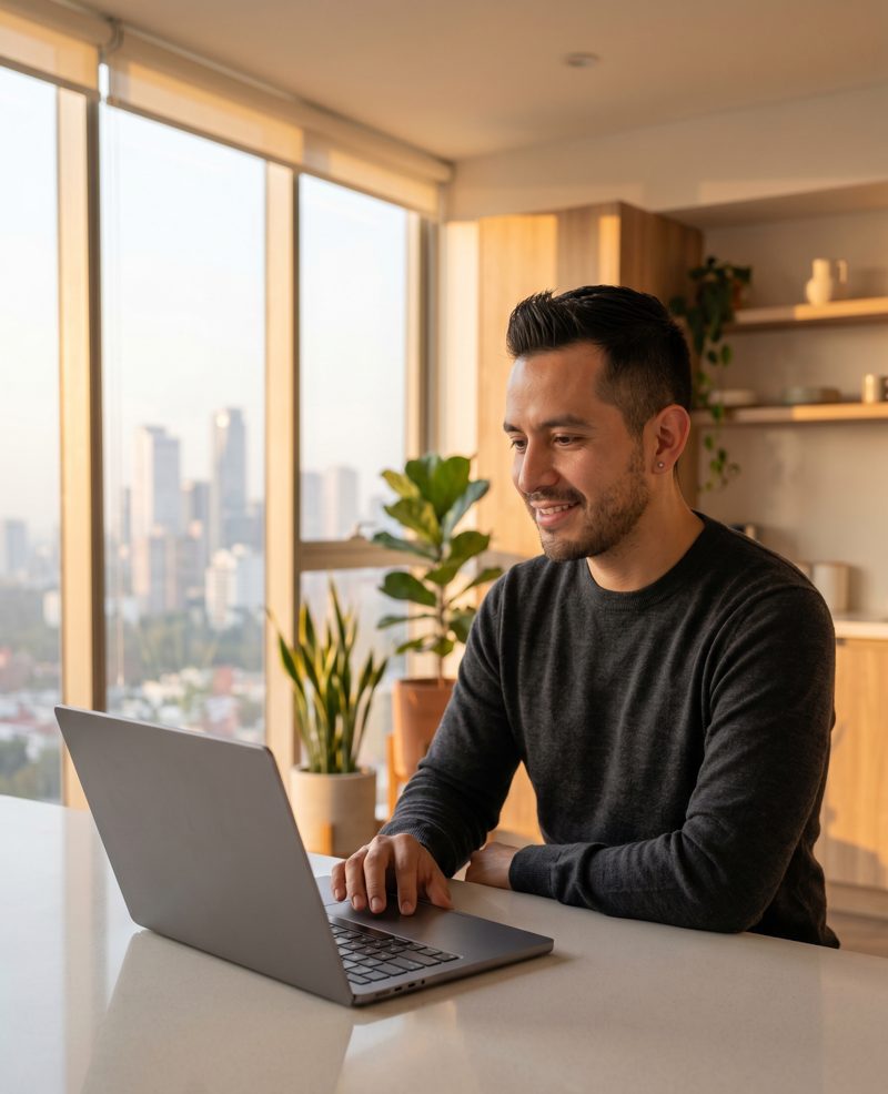 Hombre trabajando en su laptop en un departamento con vista a la ciudad